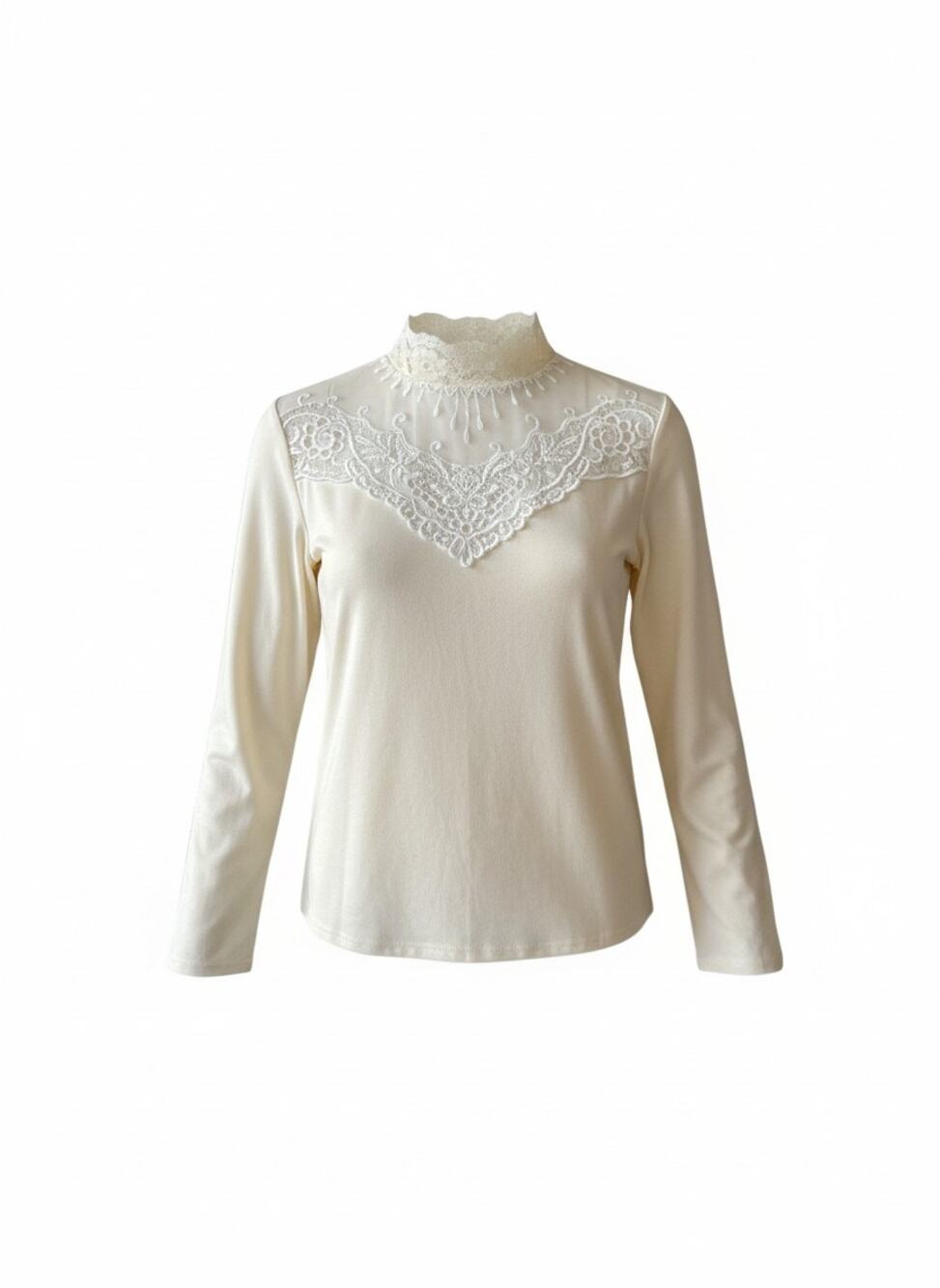 Vintage 80s Cream Lace Yoke Mock Neck Top - Romantic Victorian Style